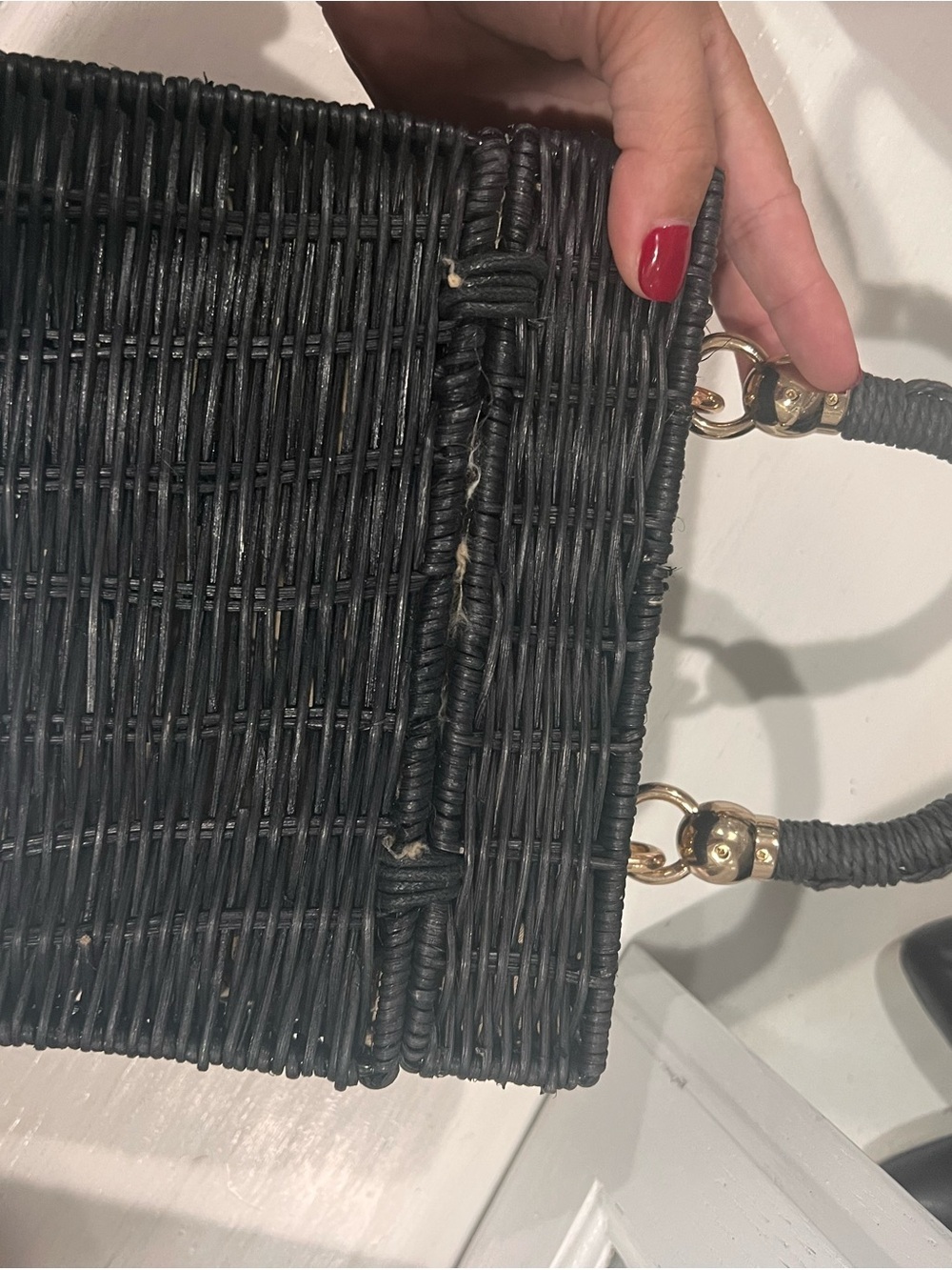 Woven Top-Handle Tote Bag in Black with Gold Hardware - Picture 3 of 5